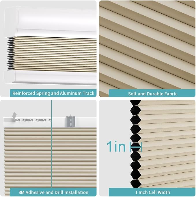MYshade Custom Size Cellular Blinds for Indoor Windows Cordless Blackout Honeycomb Shades, No Tools, No Drill, Thermal Insulated, Noise Reduction, Room Darkening Window Blinds for Home, Beige