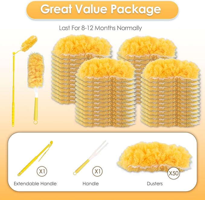 50 Count Feather Duster Refills for Swiffer Dusters Handle, 360 Degree Multi-Surface Duster Refill Kit with 1 Extended Handle and 1 Short Handle, Disposable Dust Removal Brush Heads for Electronics