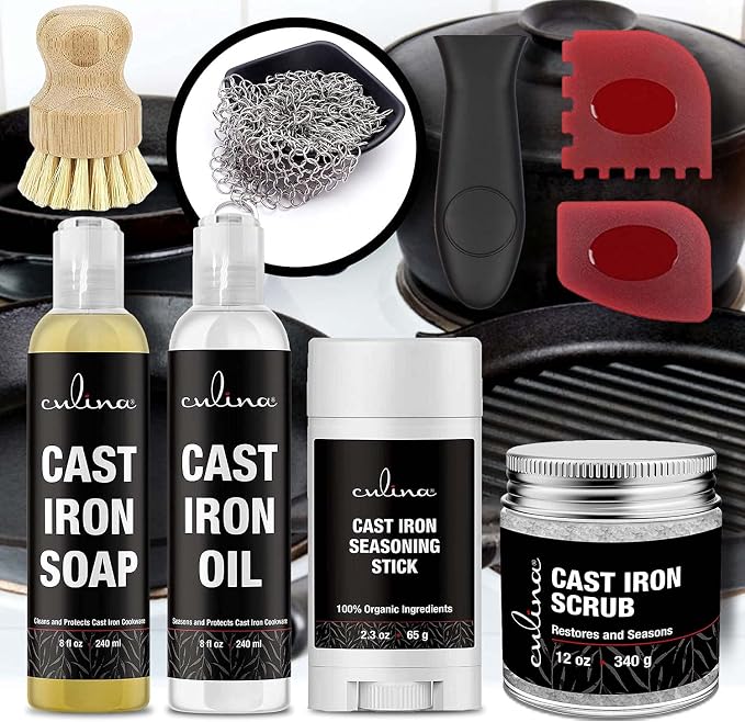 Culina Cast Iron Soap stick Conditioning Oil Stainless Scrubber Restoring Scrub brush handle and scrapers |All Natural Ingredients |for Cast Iron Cookware with handle and scrappers colors may vary
