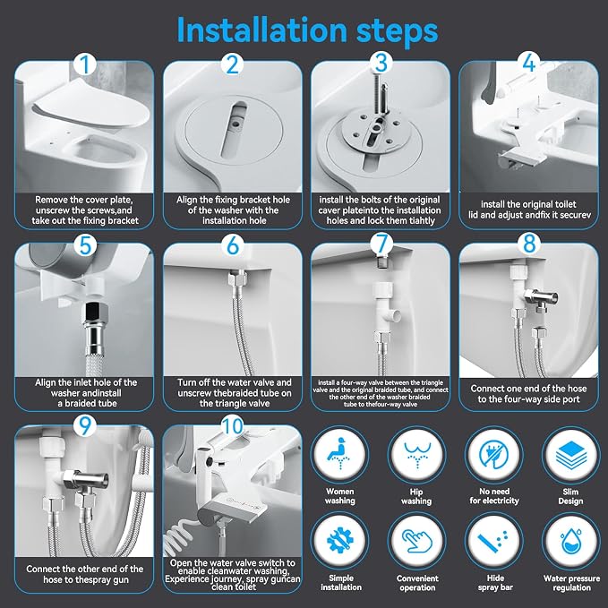 3-in-1 Bidet Attachment with Handheld Sprayer for Toilet, Ultra-Slim Non-Electric Cold Water Bidet, Dual Nozzle (Feminine/Rear Wash) with Adjustable Water Pressure Control, White