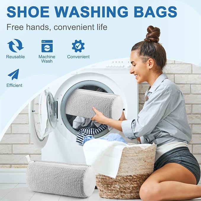 Aship Shoe Washing Machine Bag, Laundry Shoe Bag for Washer and Dryer - 2PC Reusable Shoe Cleaning Bag for Sneakers,Tennis Shoes, 360° Deep Cleaning With Self-locking Zipper for All Shoes Sizes - Gray