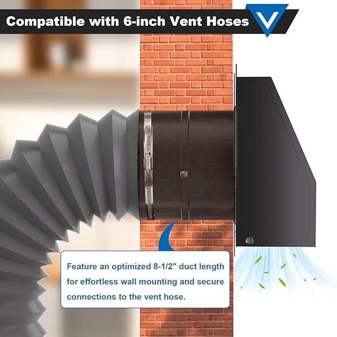 6 Inch Wall Vent with Screen and Damper, Galvanized Steel Hooded Wall Vent Cover Black Metal Exhaust Duct Cap Kit with Hose Clamp Aluminum Foil Tape Screw for Outdoor Laundry Room Kitchen Range Hood
