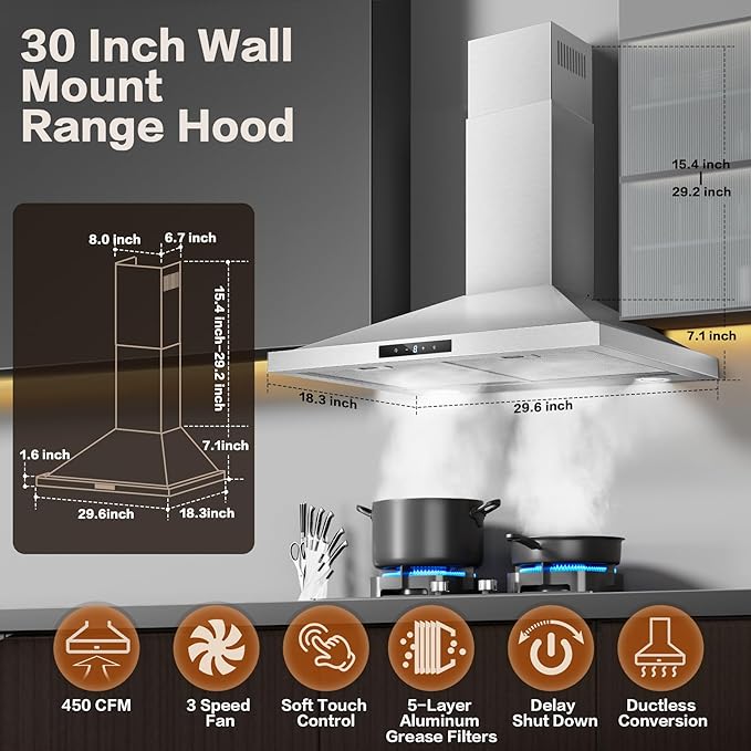 Range Hood 30 inch Stainless Steel, Wall Mount kitchen Hood Ducted/Ductless Convertible, Vent Hood w/ 3 Speeds, Touch Control, 5-Layer Mesh Filters, Energy-Saving LED Lights