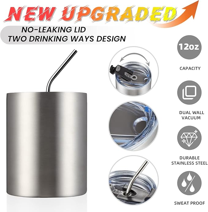 MEWAY 12oz/8Pack Coffee Mug With Lid, Insulated Stainless Steel Reusable Coffee Cup, Double Wall Durable Coffee Mug, Powder Coate，For Coffee, Beer, Home, Office(Silver,8 Pack)