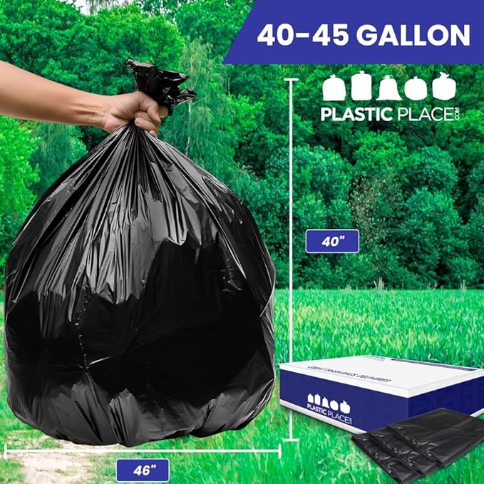 Plasticplace Heavy Duty Trash Bags, 40-45 Gallon, Black, Industrial Strength, Tear-Resistant, Leak-Proof, Large Garbage Bags for Yard, Construction, Lawn, 100 Count 1.5 Mil, 40"x46"