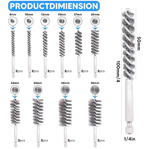 20pcs Drill Brush Attachments for Cleaning, Wire Brush for Drill, Drill Wire Brush, Stainless-Steel Bore Brush with Handle 1/4 Inch Hex Shank, for Drill Attachment, Tube Cleaning Rust