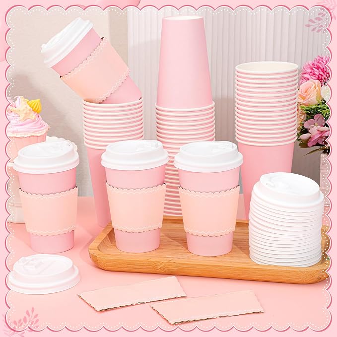 NatNarr 60 Pack Pink Coffee Cups with Lids Sleeves, 12oz Insulated To Go Paper Cups Pink Party Cups Disposable Paper Cups, Drinking Cups for Wedding Birthday Baby Bridal Shower Party Supplies