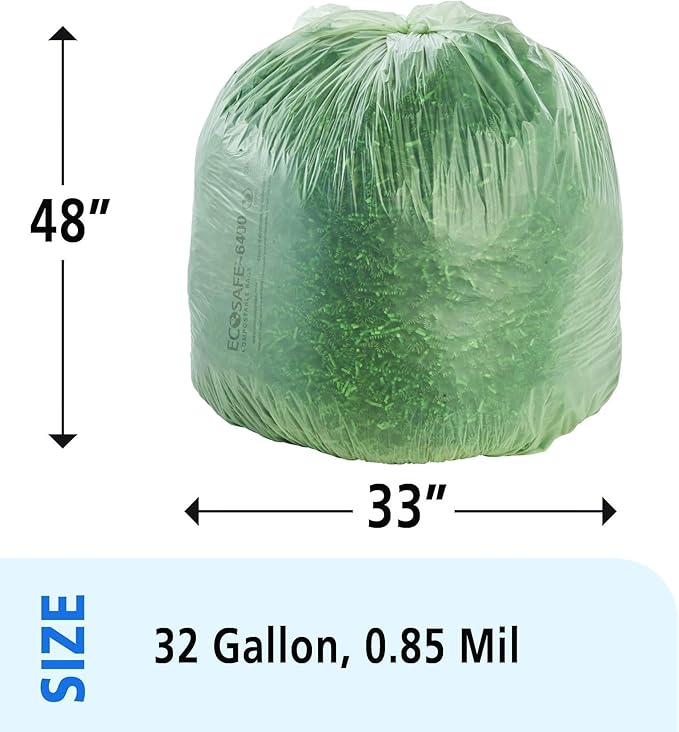 Stout by Envision Compostable Trash Bags, 32 Gallon 33" x 48", 50 Bags Per Case, ASTM6400, Green Bags, Made in America (E3348E85)