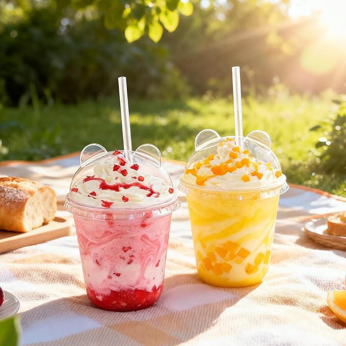 Qsqwsuye 50 Sets 12oz Disposable Transparent Plastic Cup with Panda Lids & Straws, Easy-to-Grip Design, Suitable for Iced Coffee, Milk Tea,Milkshakes,Perfect for Holiday Parties,Various Dining Occasio
