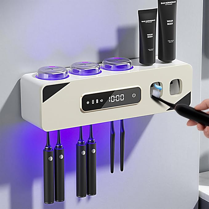 Automatic Toothpaste Dispenser,Rechargeable Toothbrush Holders for Bathrooms,3 Cups Electric Toothbrush Holder Wall Mounted with Toothpaste Dispenser Bathroom Decor (White)