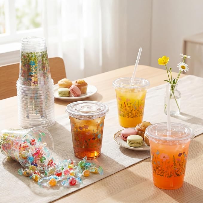 Vesici 100 Pcs Floral Plastic Cups 12 oz Floral Botanical Clear Spring Disposable Cups with Lid and Straws for Spring Summer Birthday Wedding Bridal Baby Shower Party Supplies(Wildflower Butterfly)