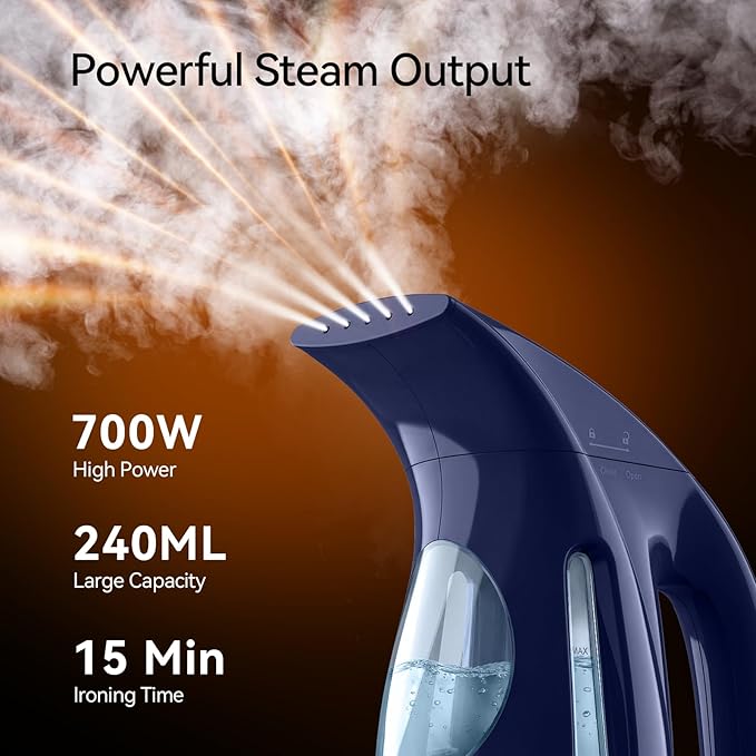 HiLIFE Steamer for Clothes, Portable Handheld Design, 240ml Big Capacity, 700W, Strong Penetrating Steam, Removes Wrinkle, for Home, Office(ONLY FOR 120V) (Deep Navy)