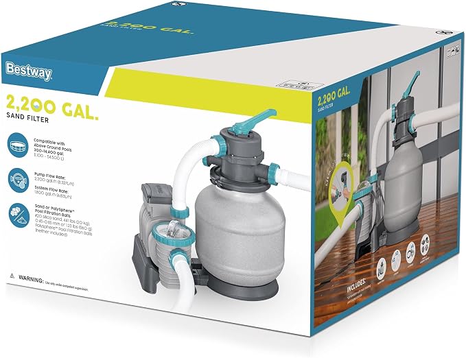 Bestway 2,200 Gallon Sand Filter Pool Pump for Above Ground Swimming Pools up to 14,400 Gallons with Pre-Filter Strainer Basket & Valve Adapter Set