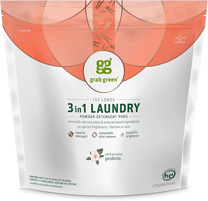 Grab Green 3-in-1 Laundry Detergent Pods, Gardenia, 132 Loads | Plant & Mineral-Based; Enzyme-Powered; Velcro Closure; Laundry Brightener; Stain Remover