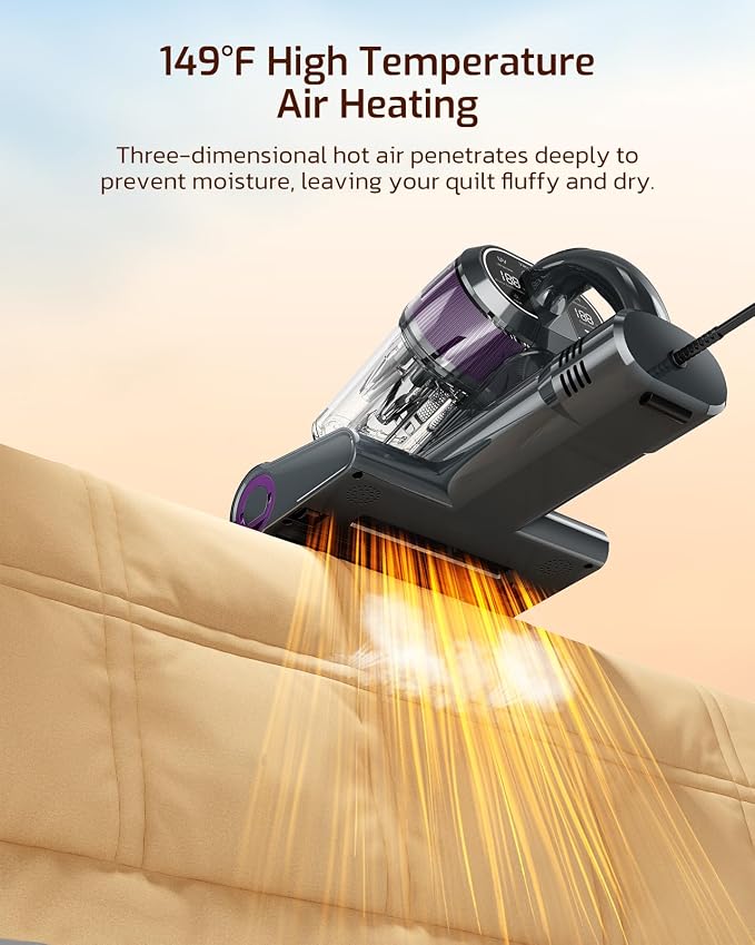 Simple Deluxe Mattress Vacuum Cleaner, 18Kpa Bed Vacuum Cleaner with 253.7nm UV-C Light, HEPA Filter & Ultrasoni, 149℉ Heat, Triple-Cup Versatile Handheld Vacuums for Bed Sofa Carpets, Purple