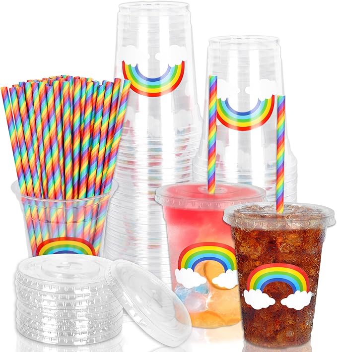 Whaline 50 Pcs 12 Oz Pastel Rainbow Disposable Plastic Cups with Lids and Straws Colorful Cold Beverage Drinking Cups for Birthday Baby Shower Party Supplies