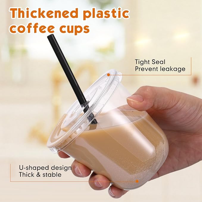 Ziliny 50 Set Clear Plastic Cups with Lids and Straws, Disposable Iced Coffee PET Cups for Drinking Cold Beverage Juice Parfait Smoothie Milkshake Coffee Shops Party Supplies (10 oz)