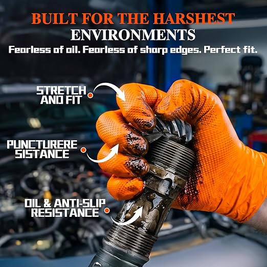 ANBOSON 10mil Nitrile-Gloves Disposable-Orange Chemical-Resistant Rubber - Mechanic Gloves Heavy Duty, Latex Free, Diamond Grip (100, X-Large)