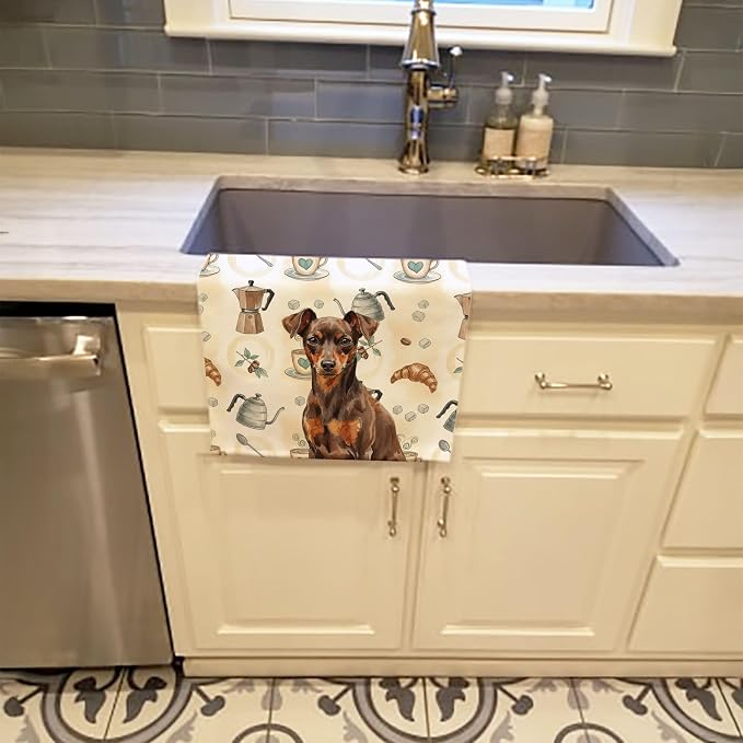Caroline's Treasures Chocolate and Rust Miniature Pinscher Min Pin Coffee Bar Kitchen Towel Velour Plush Front and Cotton Loop Back Machine Washable