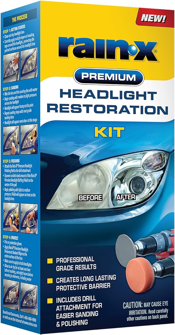 Rain-X 610153 Headlight Restoration Kit - Car Light Lens Cleaner/Restorer with Sanding & Polishing Drill Attachments & Sealant Wipe, Removes Scratches & Oxidation- All in 1 Long Lasting Formula