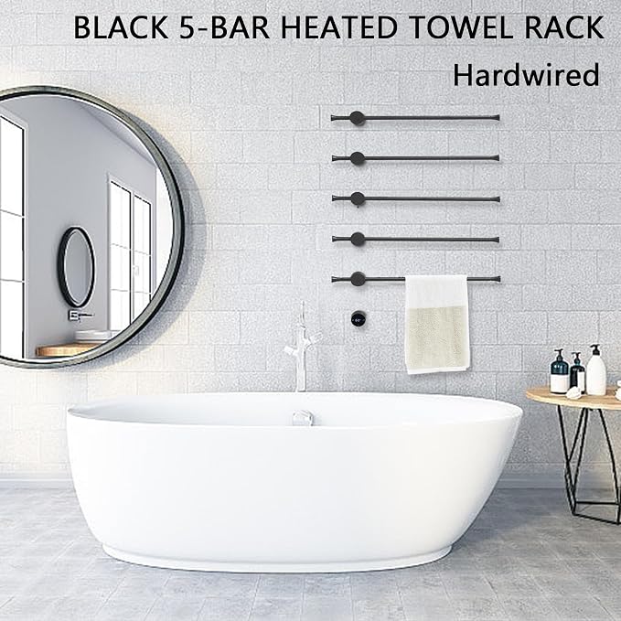 Towel Warmer Rack, Black 5-Bar Aluminum Alloy, Heated Towel Bar for Bathroom, Hidden wiring/Support Hardwired Heated Towel Rail, With Timer and Temperature Adjustment, Overheat Protection Function
