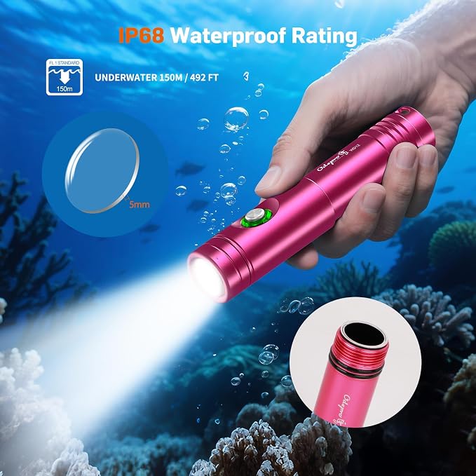 WD12 Dive Light - 1400 Lumens Compact Scuba Diving Backup Light with 3 Modes, IP68 Waterproof Submersible Torch, Underwater Snorkeling Flashlight with Push Button
