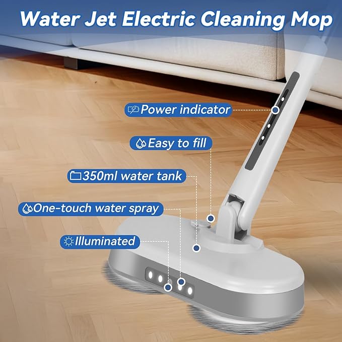 Cordless Electric Mop, Electric Spin Mop with LED Headlight and Water Spray,60 Mins Spin Power Scrubber Mops for Floor Cleaning,2000mAh Battery,350ml Water Tank,Standing Storage,Light Weight