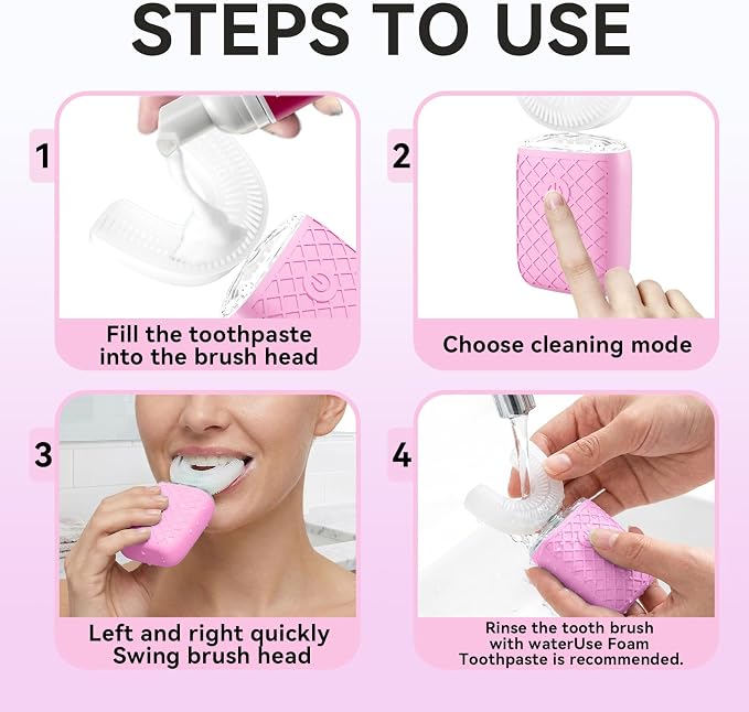 Sonic Electric U Shaped Toothbrush for Adults, Automatic Full Mouth Cleaning Toothbrush, 360° Stain Removal, IPX7 Waterproof Rechargeable, 3 U-Shape & 2 Straight Brush Heads (Pink)