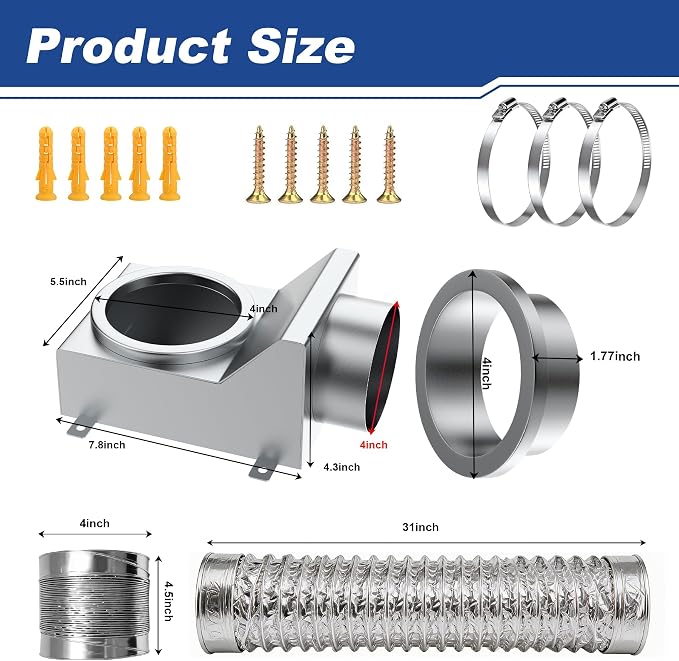 Magnetic Dryer Vent, 90 Degree Magnetic Dryer Vent Strong Magnet Dryer Vent Connector Kit Airtight Seal Adapter Quick Connect Disconnect Easy to Clean Foil Hose 4" Exhaust Duct with Clamps Screws