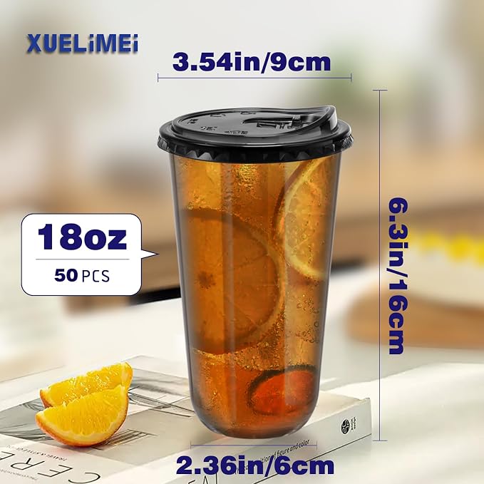 18oz Disposable Stemless Glasses With Strawless Sip Lids,PET Disposable Drinking Cups,Clear Plastic Wine Glasses for Parties Birthday,Wedding,Meeting,Christmas Party Supplies. (50, Black)