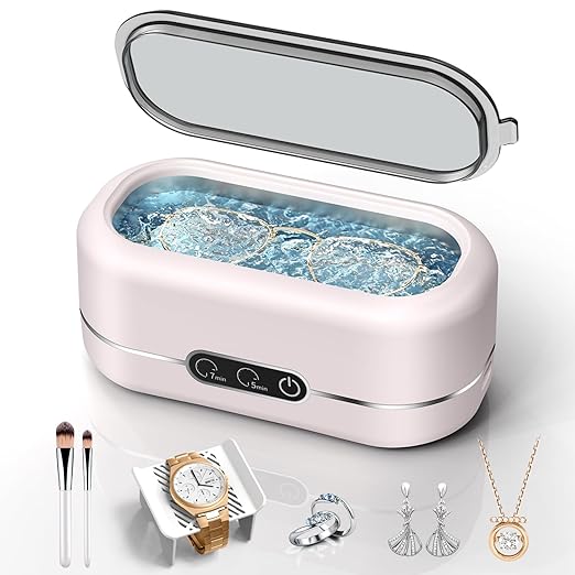 Jewelry Cleaner Ultrasonic Machine, Upgraded 48KHz Ultrasonic Cleaner with 304 Stainless Steel for Jewelry, Eyeglasses, Rings, Watch Strap, Dentures-Pink