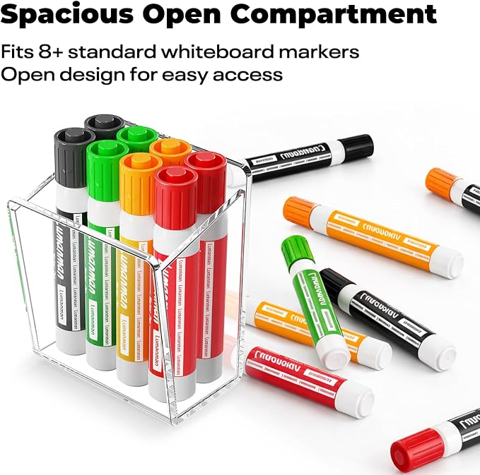 Acrylic Whiteboard Marker Holder, Magnetic or Adhesive Mount Marker Organizer for Fridge, Classroom and Office, Clear Dry Erase Marker Storage, Holds 8+ Markers