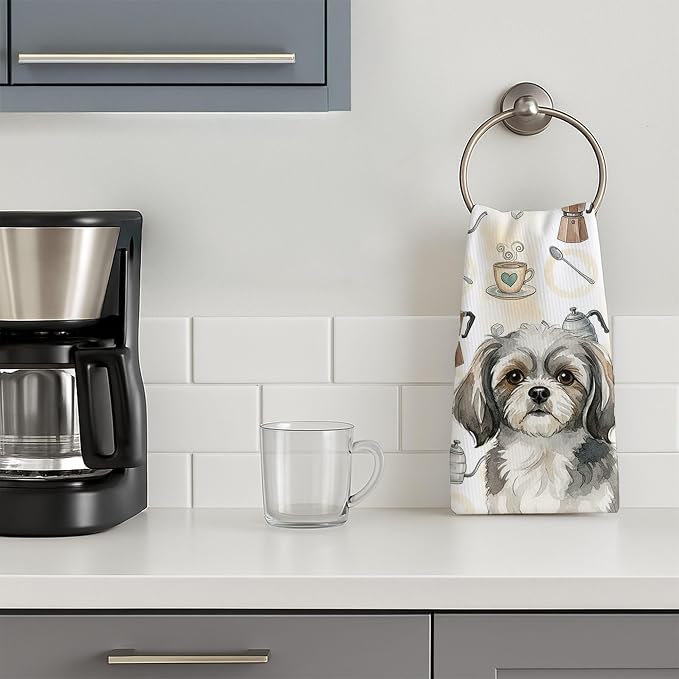 Caroline's Treasures Grey and White Tibetan Spaniel Coffee Bar Kitchen Towel Velour Plush Front and Cotton Loop Back Machine Washable