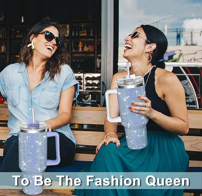 HWISDMIG 40oz Tumbler with Handle-Glitter Rhinestones Tumbler Bling Cups Stainless Steel Water Bottle Diamond Studded Tumbler for Women-Birthday Gifts for Women, Mom, Girlfriend (Light Lilac)