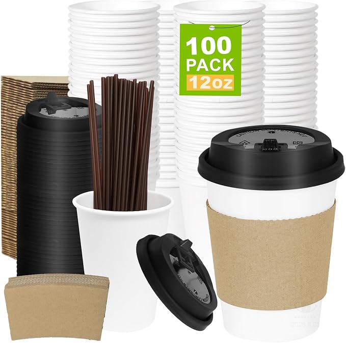 100 Pack 12 oz Disposable Coffee Cups with Lids and Sleeves, Leak-Proof To Go Coffee Cups, PLA White Paper Coffee Cups for Hot Beverage