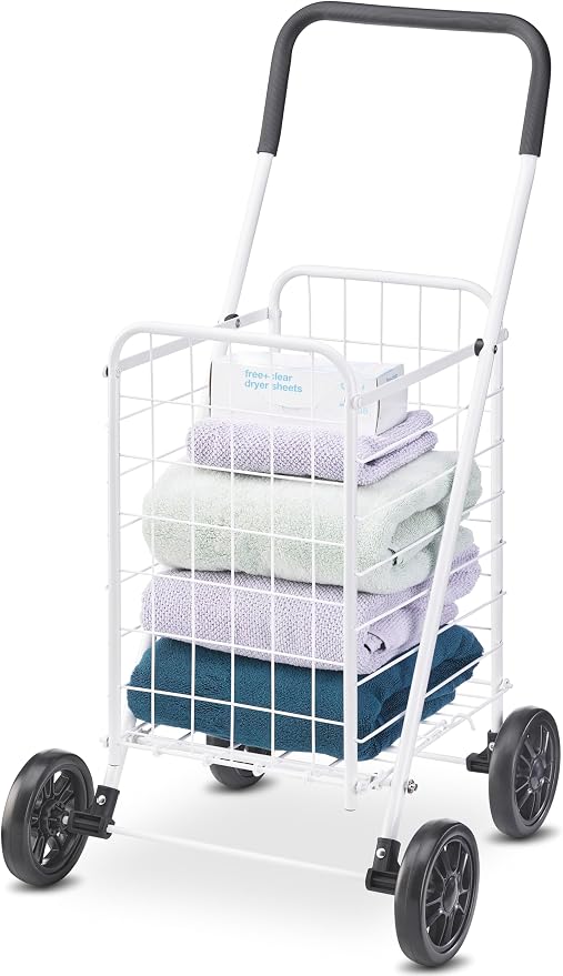 Whitmor Folding Utility Shopping Cart with Wheels, Heavy Duty Metal Grocery Cart, Portable Foam Handle, Rolling Collapsible Trolley for Groceries, Laundry, Storage, White