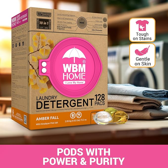 WBM Home Laundry Detergent Pods, Total 128 Count | Amber Fall Fragrance | 10 in 1 Laundry pods Detergent Ultra Power Cleaning with Plant-Based Scent, Extra Protection With 4D Stain Remover