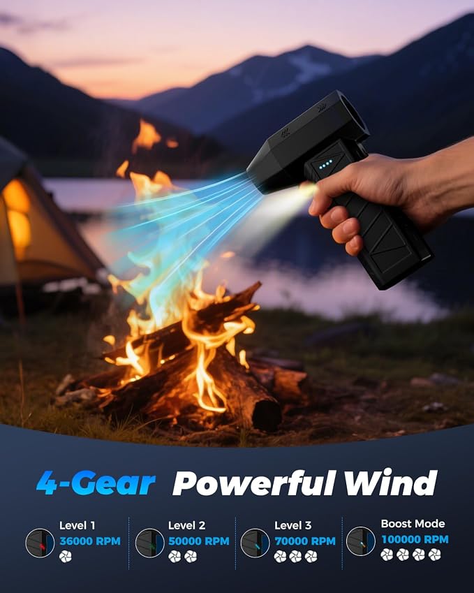Portable Turbo Fan, High-Speed Rechargeable Handheld Fan with Brushless Motor, 4-Speed Cordless Turbo Fan for Camping, Outdoor Adventures, Campfire, Car Drying, BBQ, Travel & Personal Cooling