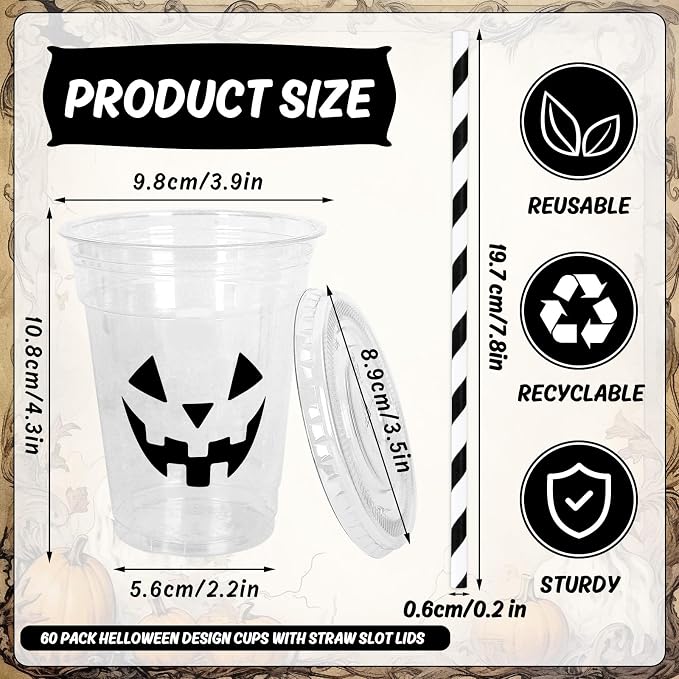 Whaline 60 Pcs Halloween Disposable Plastic Cups with Lids and Straws 12 oz Vampire Monster Ghost Pumpkin Cold Beverage Drinking Cups for Birthday Party Favors