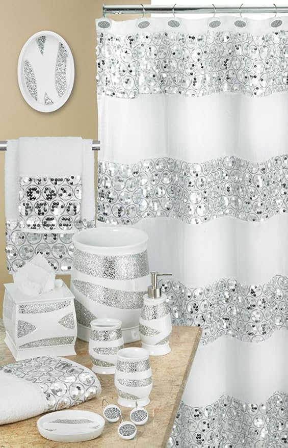 Zahari Home 4pc Sinatra Stylish Bathroom Accessories Set White Soap Dispenser, Tumbler, Tooth Brush Holder and Soap Dish Modern Classic Luxury Decor Bling Mosaic Glass White Bathroom Accessories