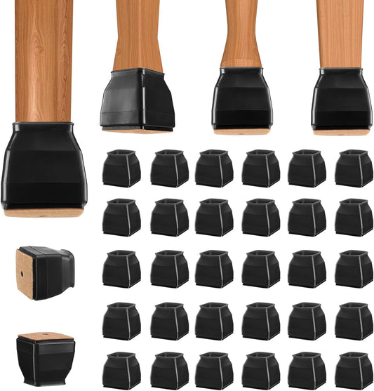 BALEINE 32 Pack Silicone Chair Leg Floor Protectors, Stool Leg Protectors Cap, Non-Slip Chair Leg Caps for Hardwood Floors (Black & Small (Square), 32 Pack)