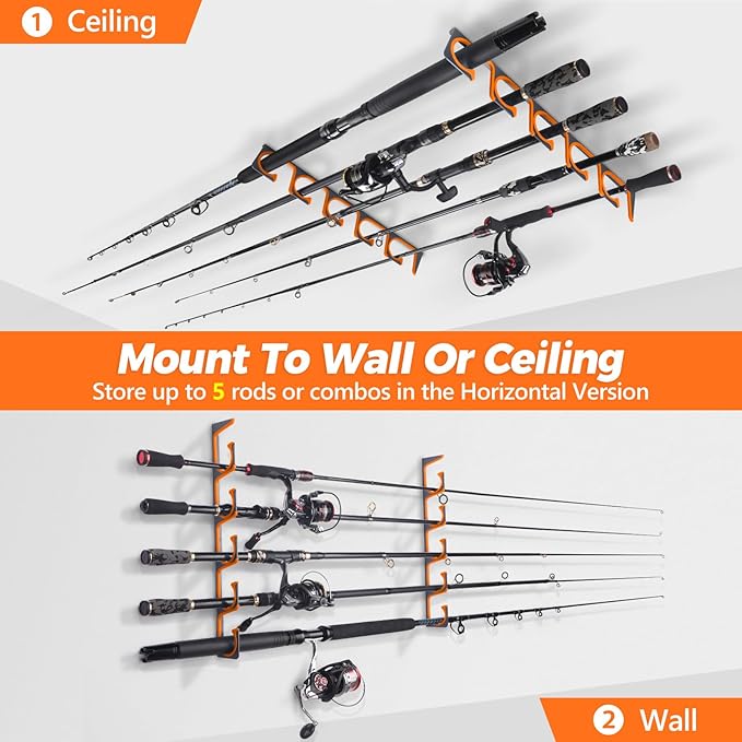 PLUSINNO H5 Horizontal Fishing Rod/Pole Holders for Garage, Wall Ceiling Mounted Fishing Rod Holder, Aviation Aluminum Fishing rod rack Holds up to 5/10/20 Rod or Combos Fishing Gear and Gifts for Men