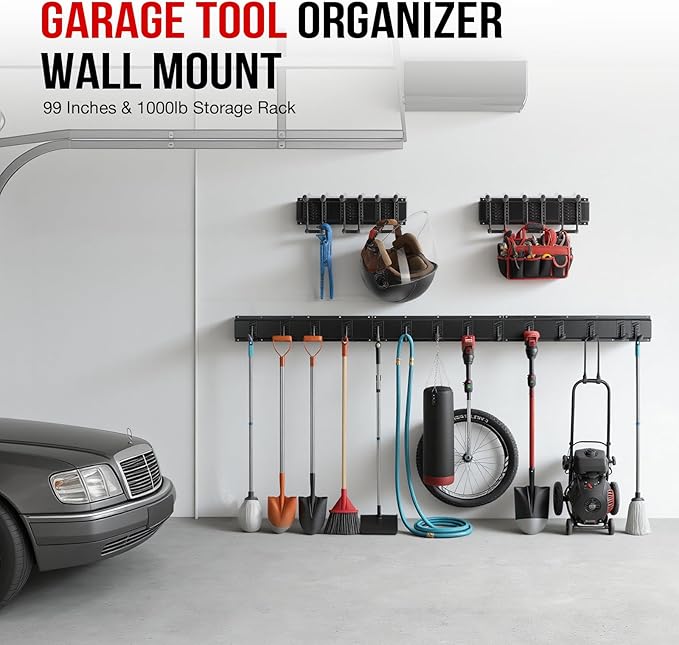 Tool Organizer Wall Mount 99 Inch, Heavy Duty Garage Storage Rack with Adjustable Hooks, Large Capacity Garden Tool Organizer for Garage Organization, Workshop, Shed