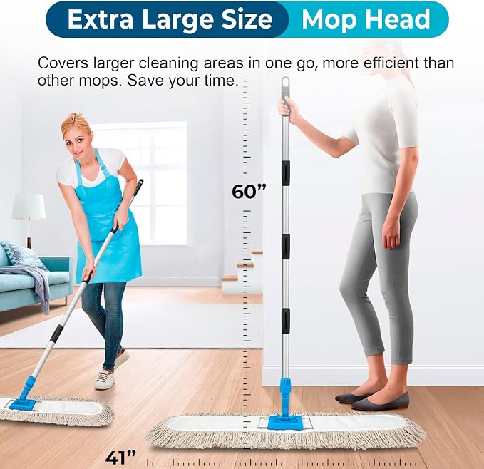 ARTIPOLY 41” Commercial Dust Mop for Floor Cleaning, Industrial Dry Mop with Heavy Duty Long Handle, Large Cotton Reusable mop Head, for Cleaning Office Garage Hardwood Warehouse Factory Mall