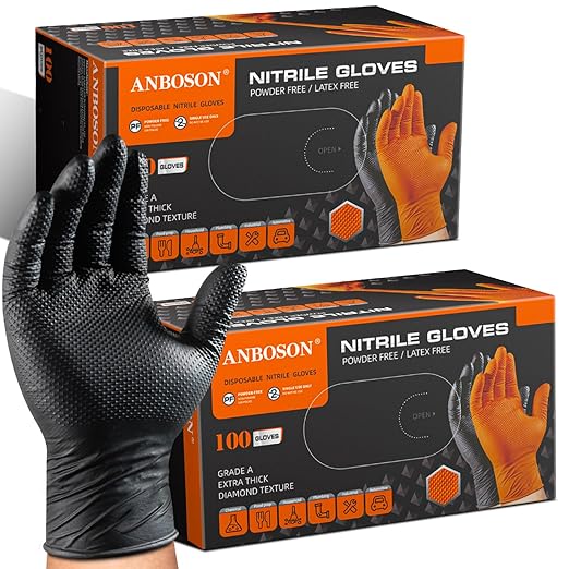 ANBOSON 10mil Nitrile-Gloves Disposable-Black Chemical-Resistant Rubber - Mechanic Gloves Heavy Duty, Latex Free, Diamond Grip (200, X-Large)