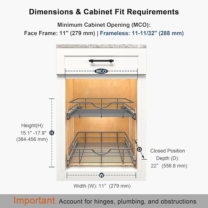 2 Tier Pull Out Cabinet Organizer - 11" W x 22" D Soft Close Slide Out Shelves with Shelf Liners - Pullout Drawers for Kitchen Cabinets, Pantry, Bathroom, Heavy Duty Steel Wire Baskets
