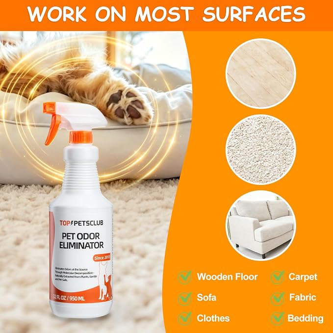 Pet Odor Eliminator for Home and Strong Smells, Plant Based Formula Dog & Cat Urine Odor Eliminator Spray, Pet Stain and Odor Remover for Carpet - 32 OZ Odorless
