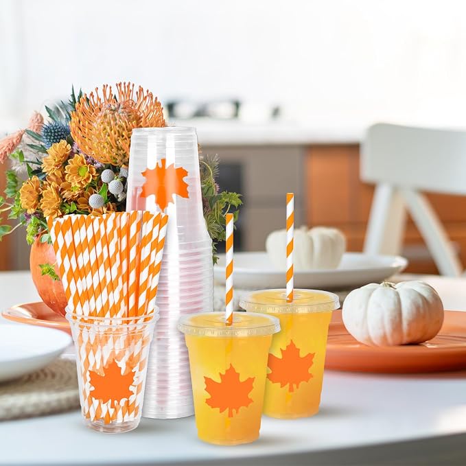 Whaline 50 Pcs 12 Oz Fall Maple Leaf Plastic Cups with Lids and Straws Autumn Classic Maple Cup Clear Orange Leaves Cold Beverage Drinking Cups for Fall Theme Harvest Thanksgiving Party Supplies