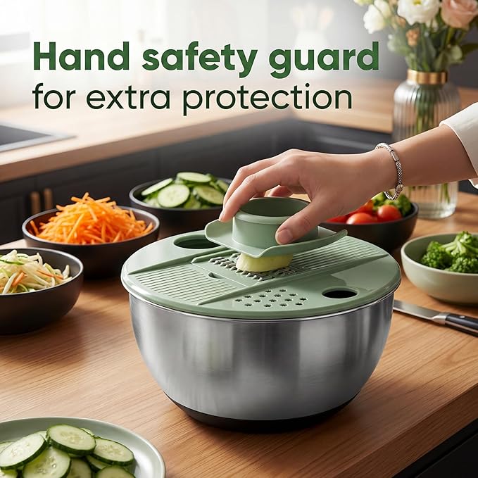 Salad Spinner with Slicer & Grater: Stainless Steel Salad Spinner, Lettuce Spinner with Drain, Non-Slip Base,Stop Button,Vegetable Dryer with 3 Blade Slicers, 1 Egg Yolk, 2 Strainer Shredders, 5.3 Qt