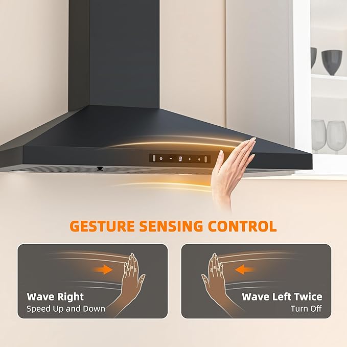 FIREGAS Black Range Hood 30 inch, 450 CFM Wall Mount Range Hood with Ducted/Ductless Convertible, Gesture Sensing Control & Touch Control Kitchen Hood Vent, Baffle Filters, Charcoal Filters